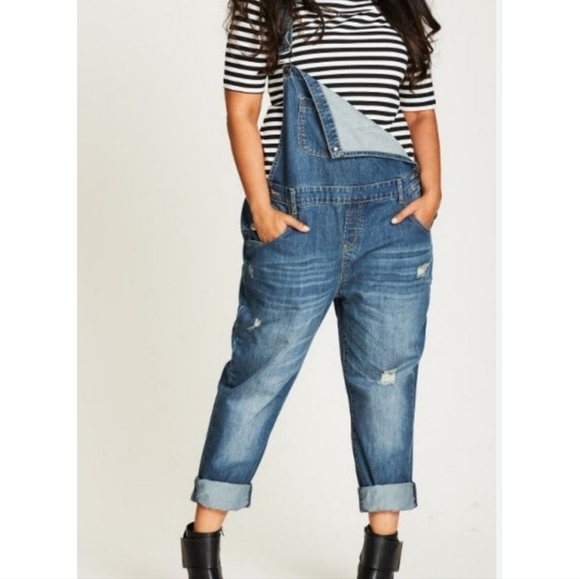 New City chic denim overalls jean over it all cotton size 14 boyfriend fit - Picture 2 of 13